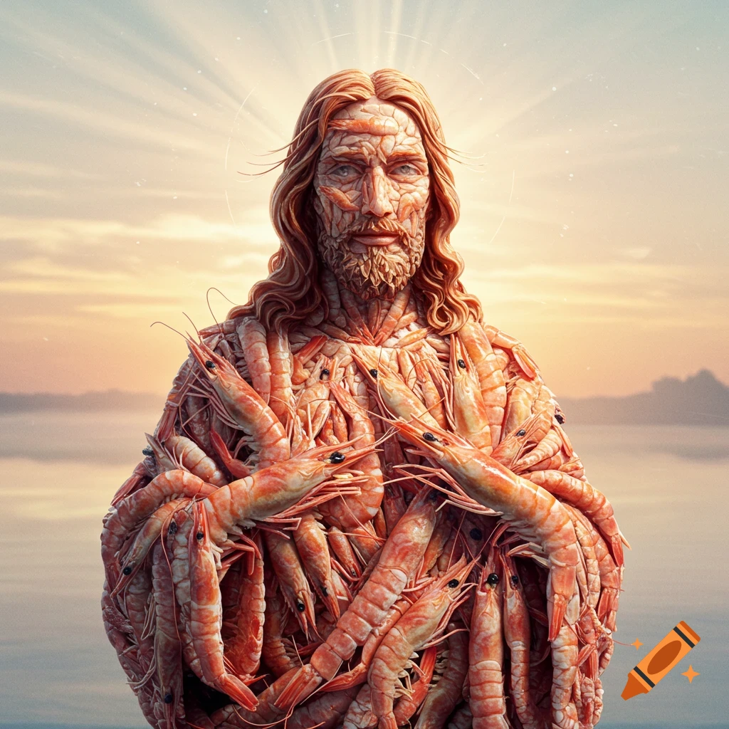 Surreal photorealistic depiction of Jesus made entirely of shrimp, with a halo against a sunset sky over water.