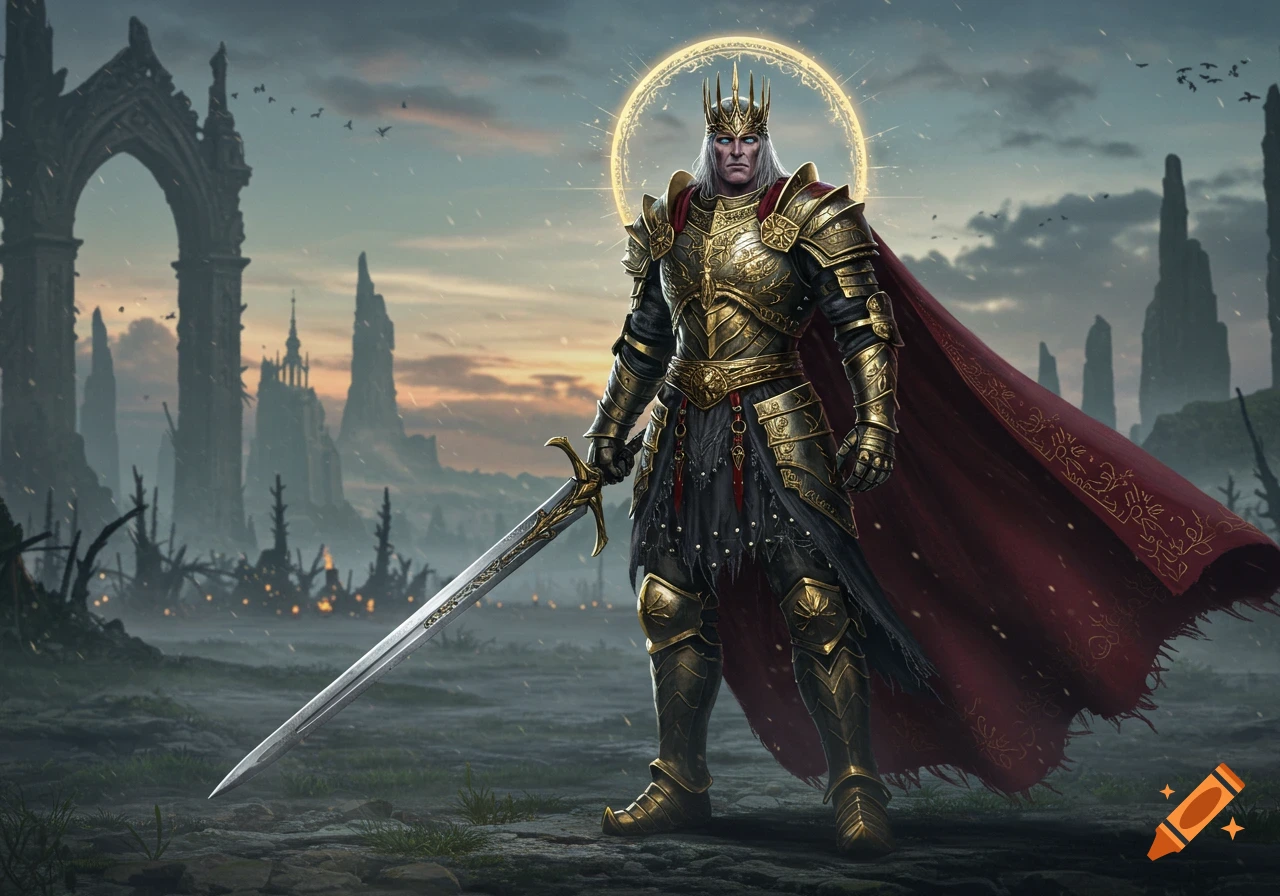 A regal king in golden armor with a halo and a large sword stands in a ruined fantasy landscape at sunset.