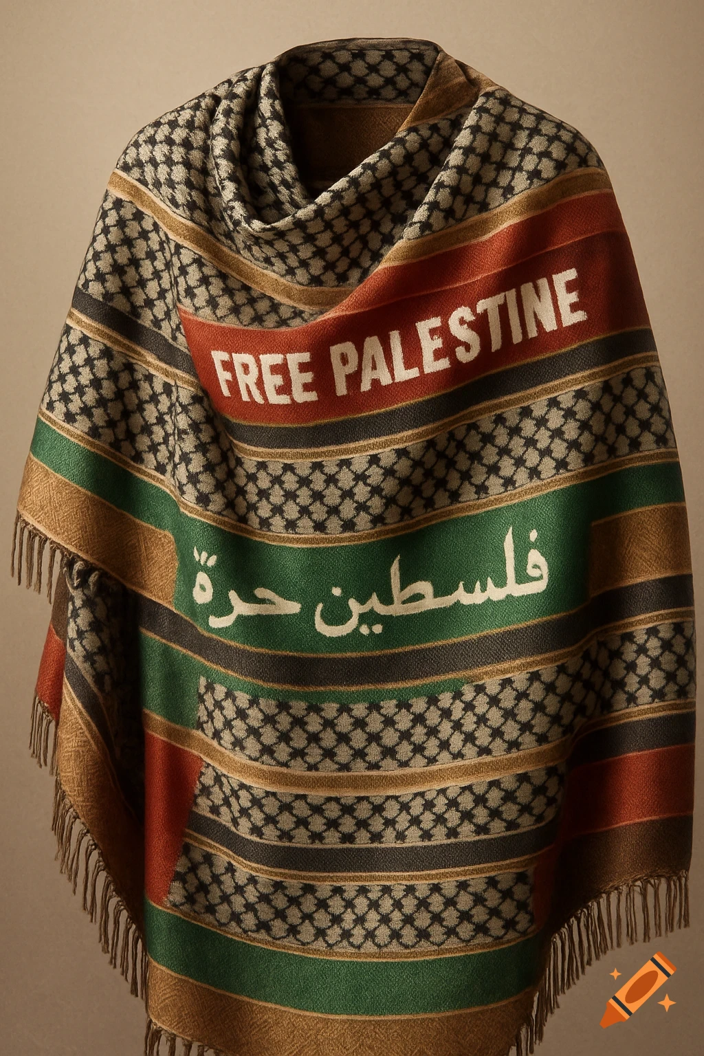 A draped keffiyeh-patterned shawl with red and green stripes, featuring "FREE PALESTINE" in English and Arabic.