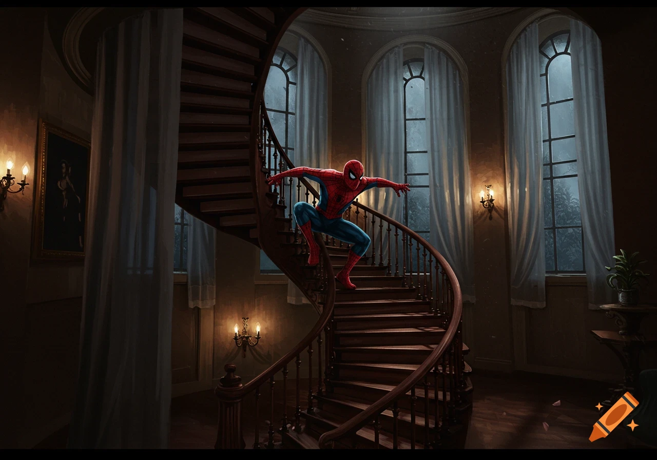Spider-Man in a dynamic pose on a grand spiral staircase in a dimly lit mansion with large windows.