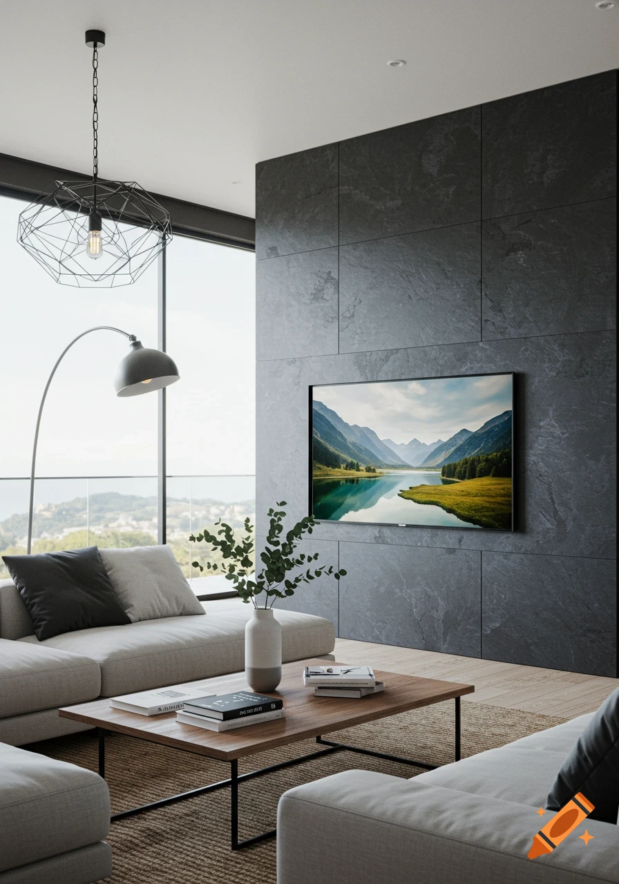 Modern living room with a grey sectional sofa, wood coffee table, and a large window. A TV on a dark wall shows a lake and mountains.