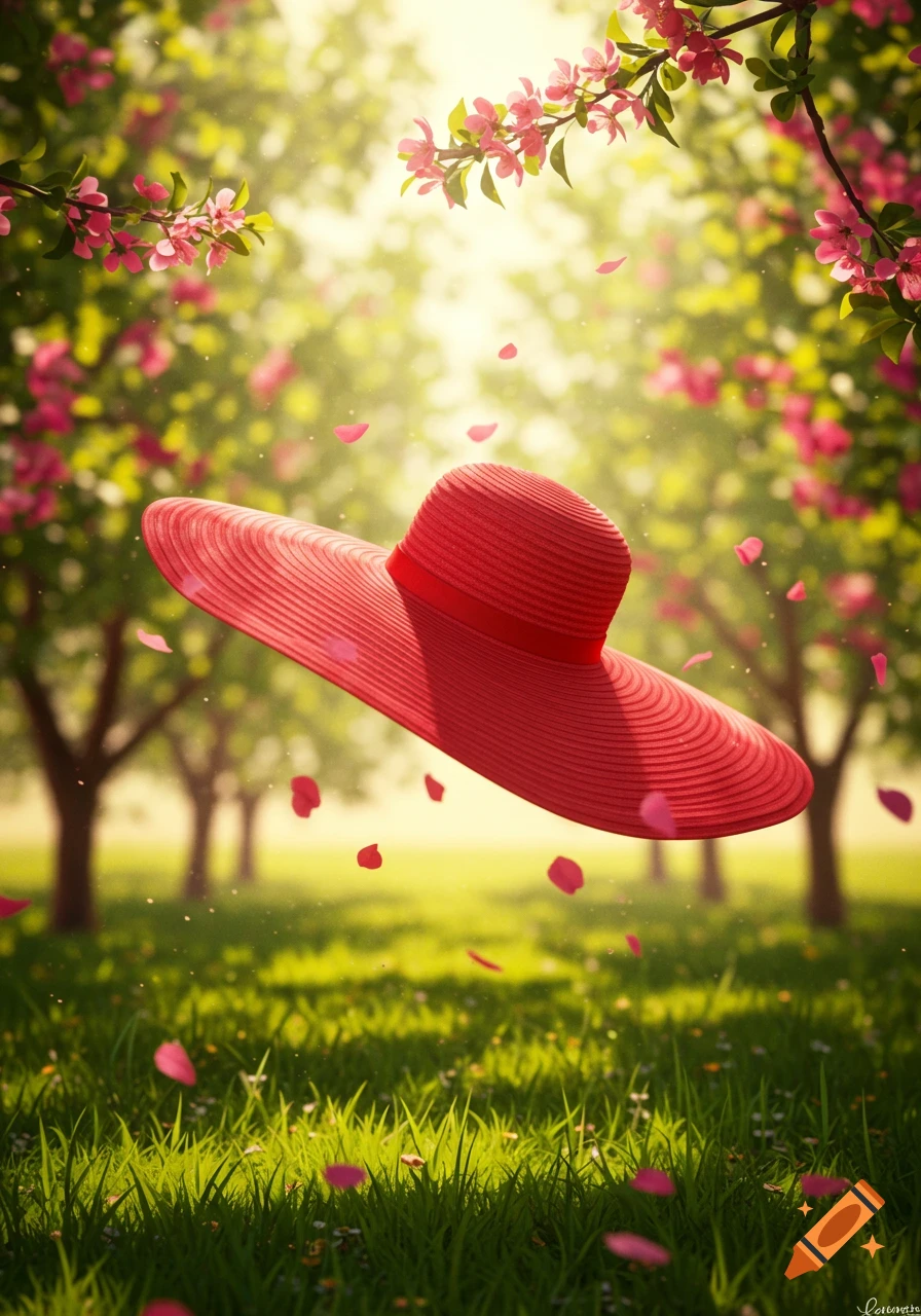A red straw hat floats above lush green grass with pink petals falling in a sunny spring garden filled with blooming trees.