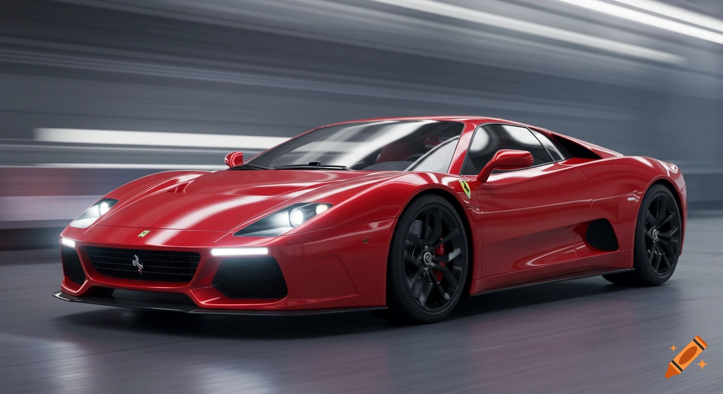A sleek, photorealistic red supercar with headlights on, driving fast with motion blur in the background.
