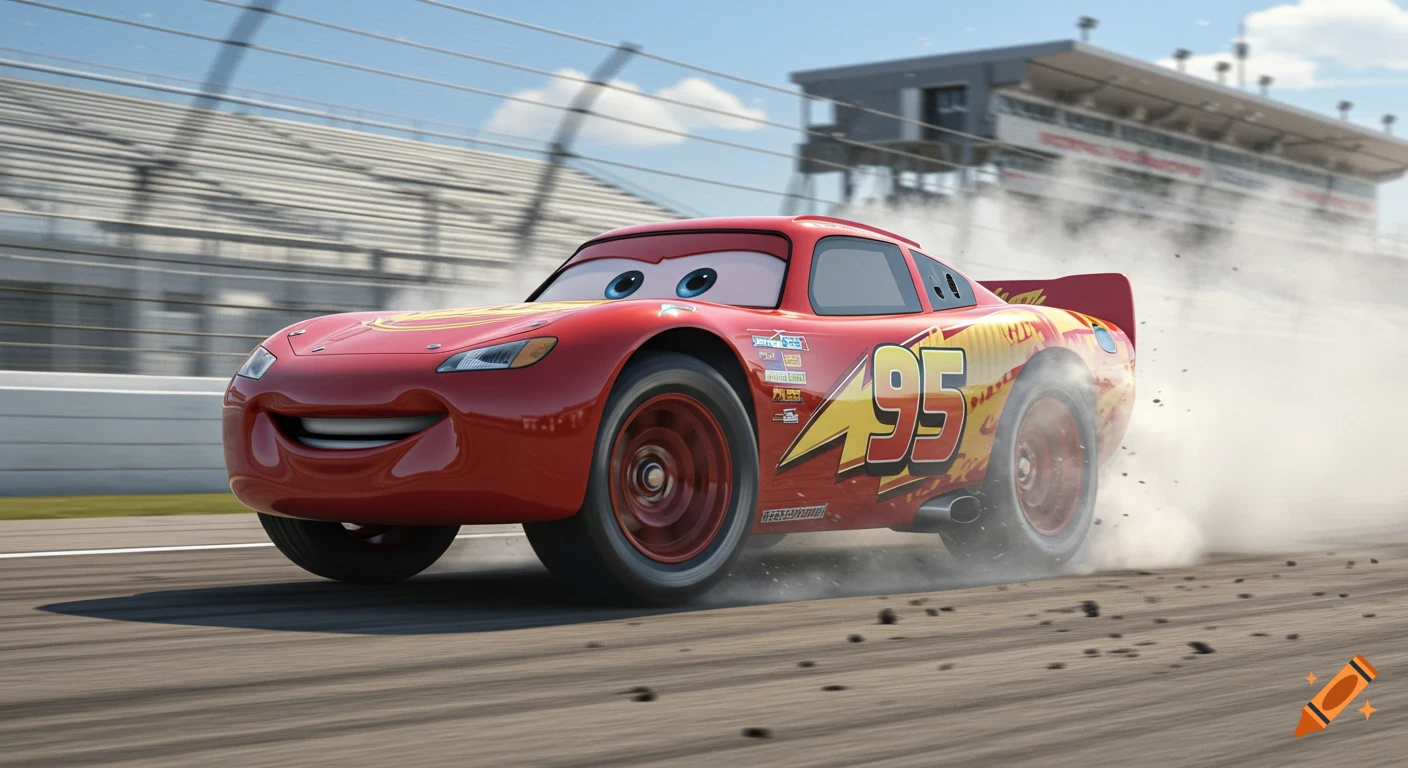 Photorealistic Lightning McQueen drifts, kicking up dust on a race track with grandstands in the background.
