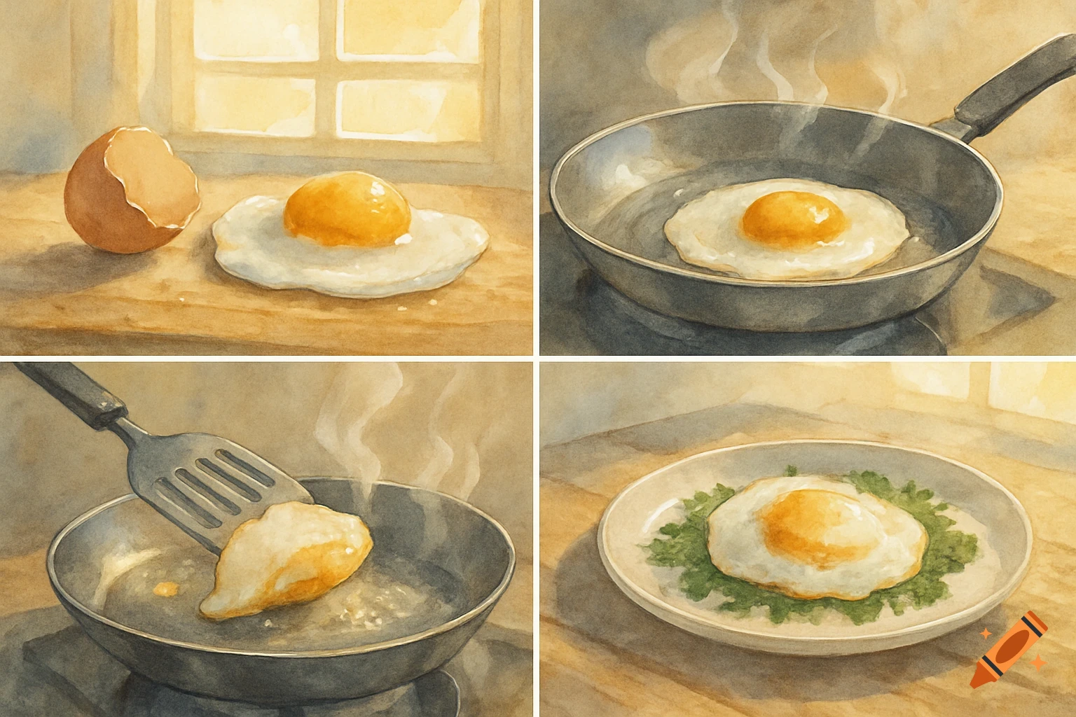 Watercolor illustration showing four steps to cook a fried egg: cracked, in pan, flipping, and on a plate with greens.