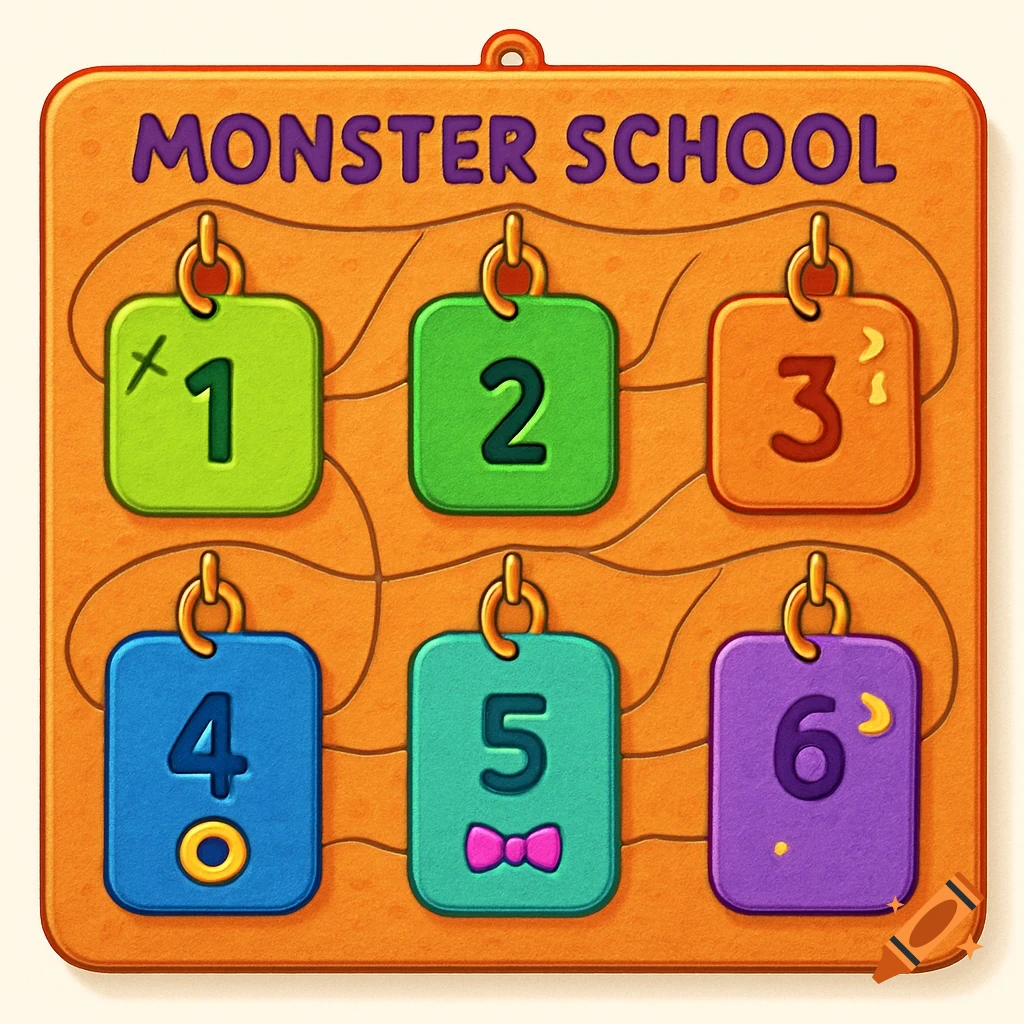 A colorful, cartoonish orange board titled 'MONSTER SCHOOL' with six numbered tags (1-6) hanging from hooks.