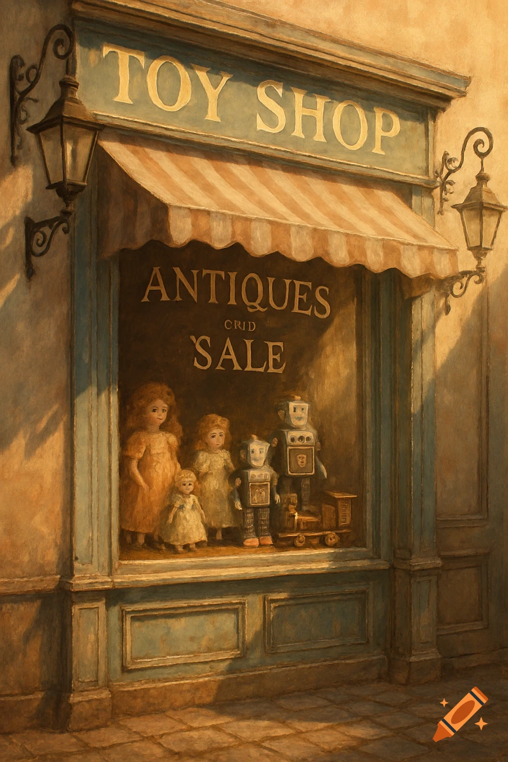 A vintage toy shop window displaying dolls, robot figures, and a toy train, with "TOY SHOP" and "ANTIQUES SALE" signs in a painterly style.