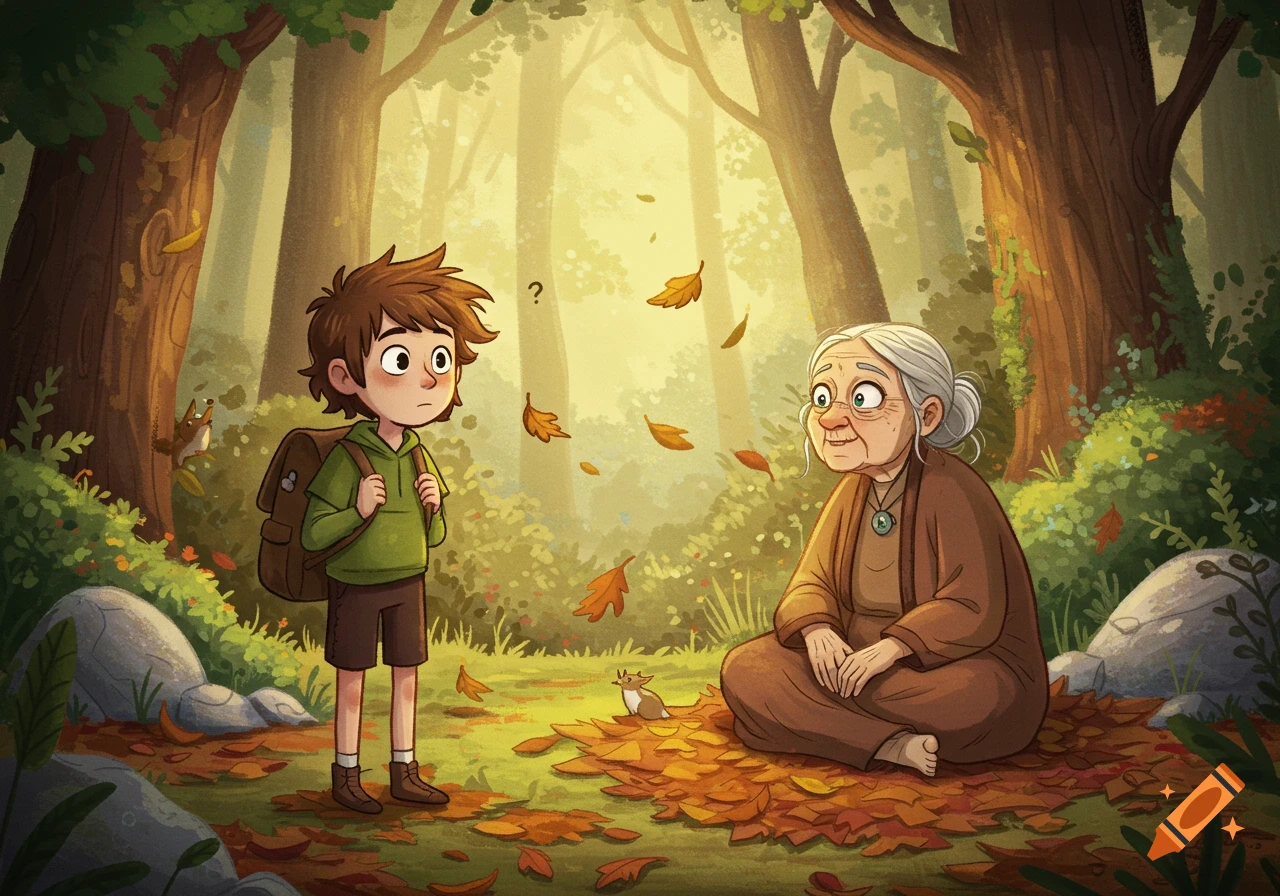 A cartoon illustration of a young boy with a backpack looking confused at an elderly woman sitting on autumn leaves in a sunlit forest.