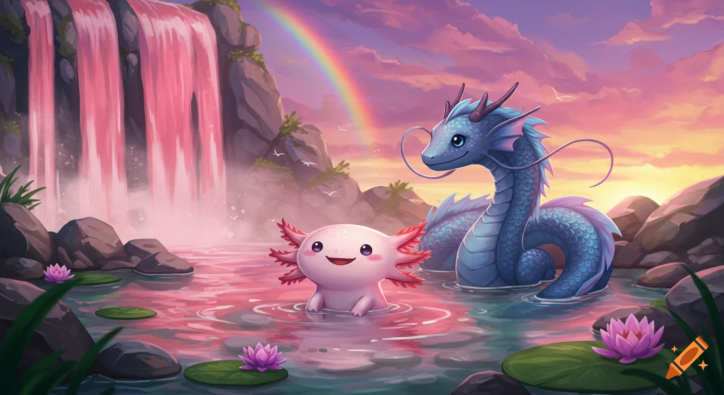 Cute axolotl and blue dragon in a pond with a pink waterfall, rainbow, and sunset in a fantastical illustration.