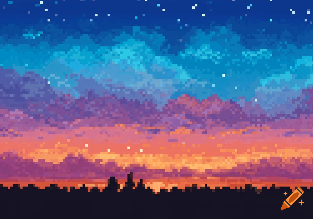 Pixel art of a vibrant sunset or twilight sky with colorful clouds and stars above a city skyline silhouette.