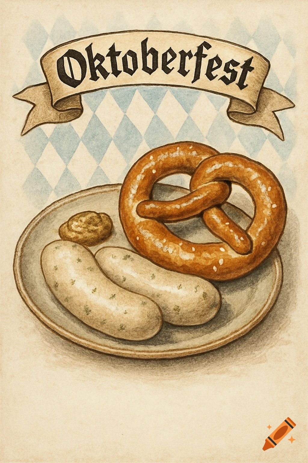 Vintage illustration of a pretzel, two sausages, and mustard on a plate under an 'Oktoberfest' banner against a Bavarian diamond pattern.