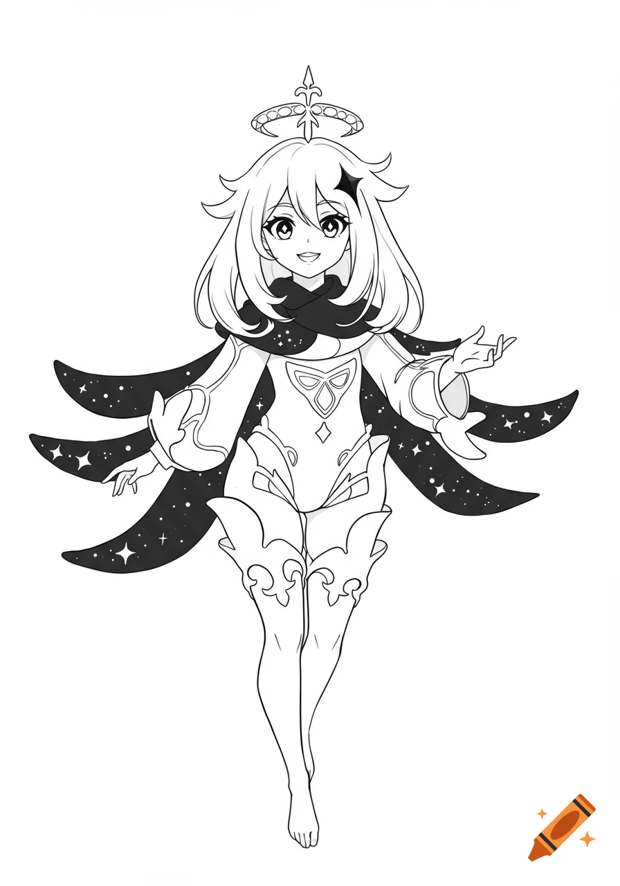 A black and white line art drawing of Paimon from Genshin Impact, standing with open hands.