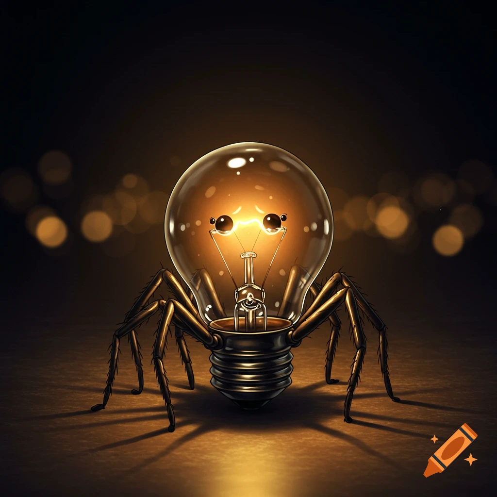 Stylized illustration of a glowing lightbulb spider with sad eyes.