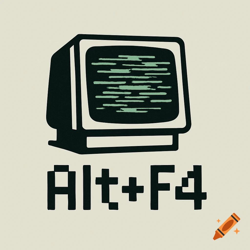 Minimalist retro logo featuring a dark green CRT monitor showing green static above pixelated 'Alt+F4' text on a light background.