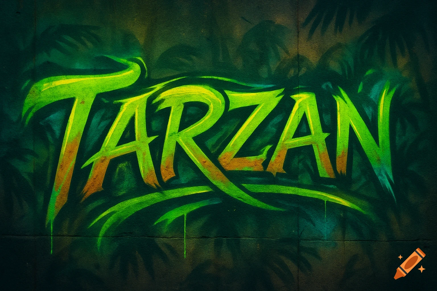 Vibrant green and yellow graffiti of 'TARZAN' on a dark wall with jungle foliage effects.
