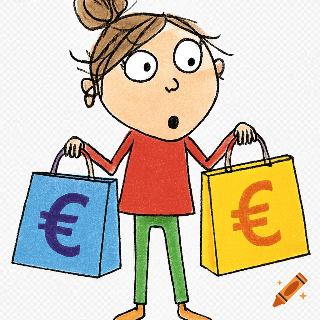 Whimsical cartoon woman with a messy bun, looking surprised, holding blue and yellow shopping bags with Euro symbols.