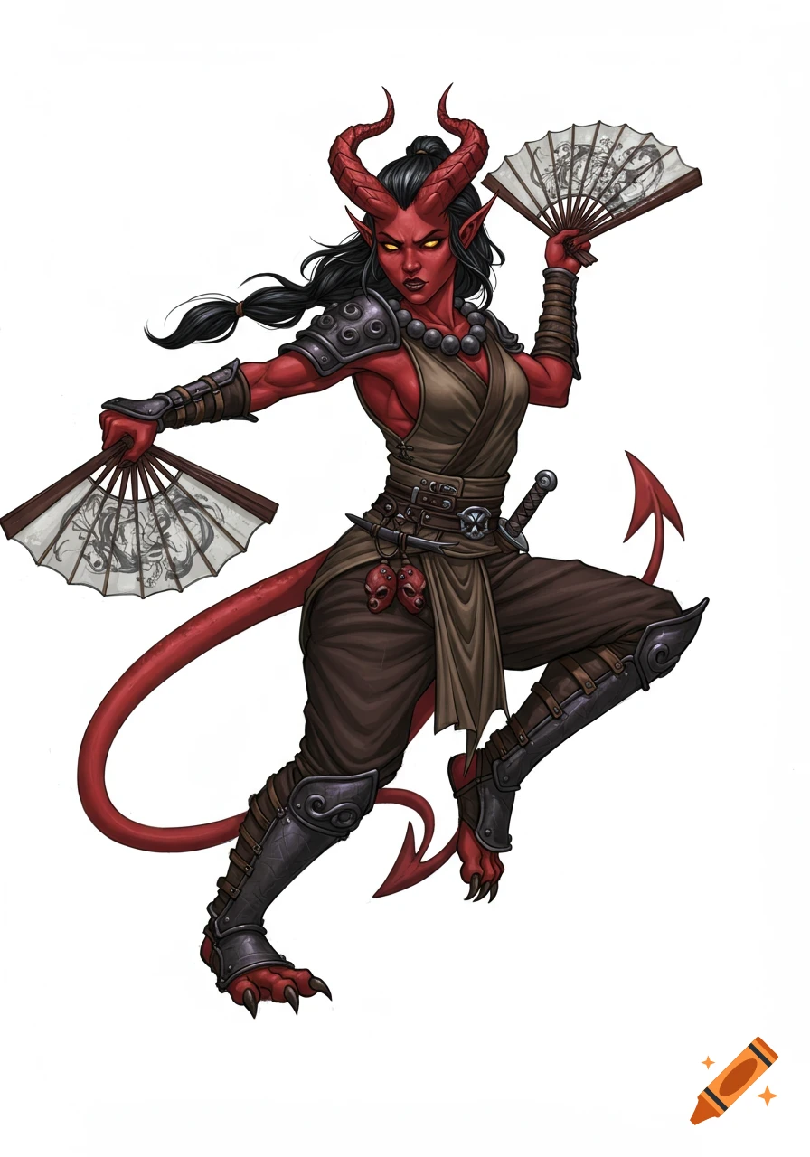 An illustrative D&D female tiefling monk with red skin, horns, and a tail, in a dynamic combat stance, wielding two war fans.