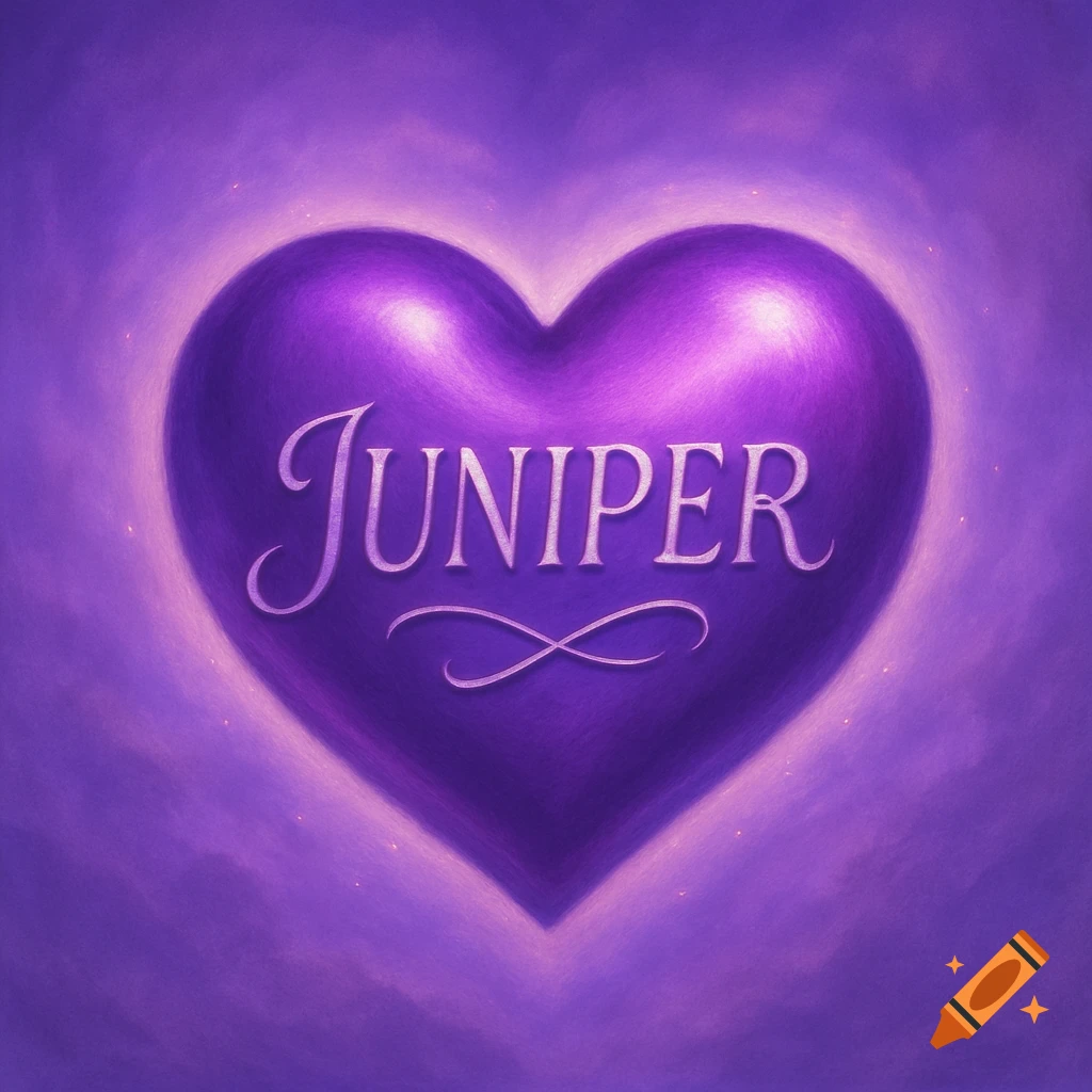 A glowing purple heart with the name 'JUNIPER' written across it in a flowing script.