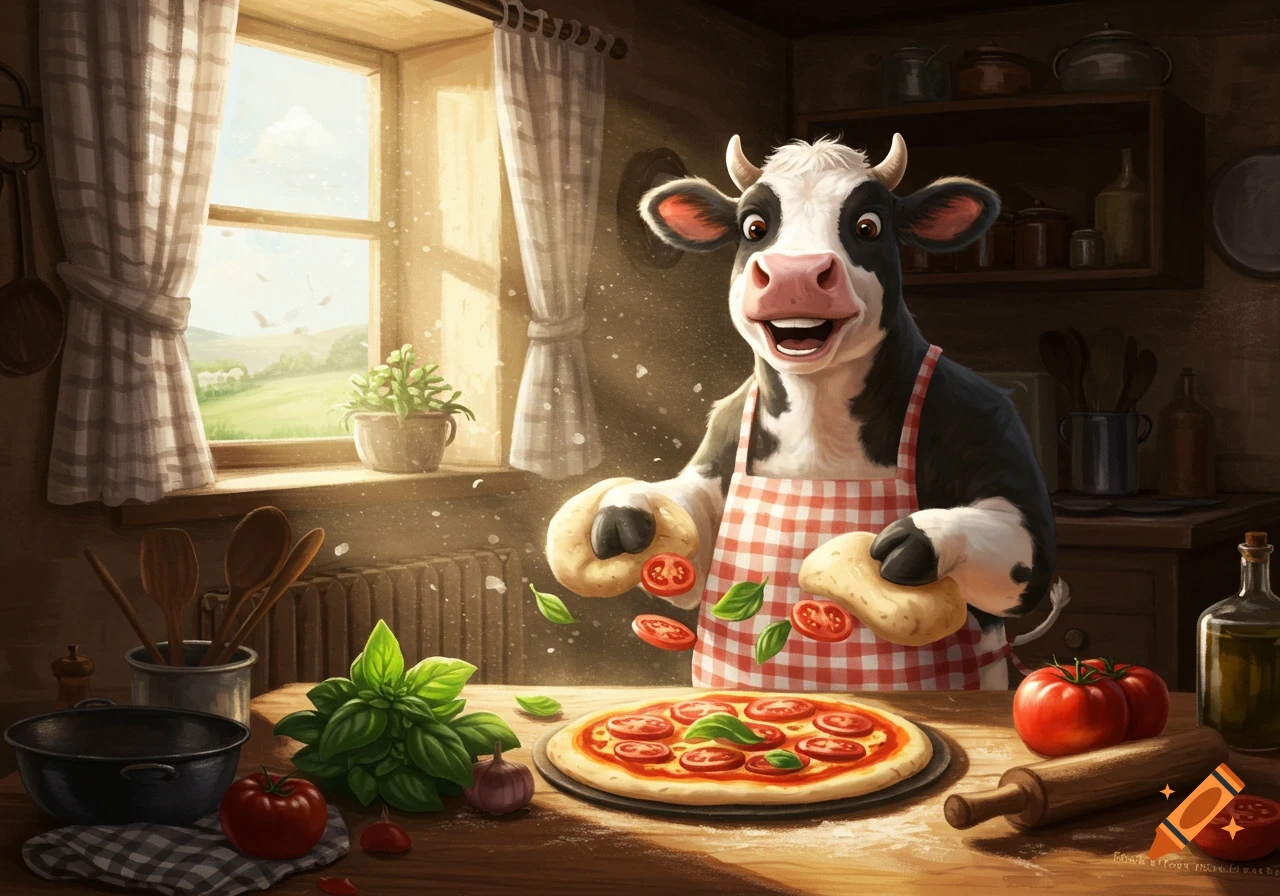 A happy cartoon cow wearing an apron prepares a pizza with tomatoes and basil in a rustic kitchen.