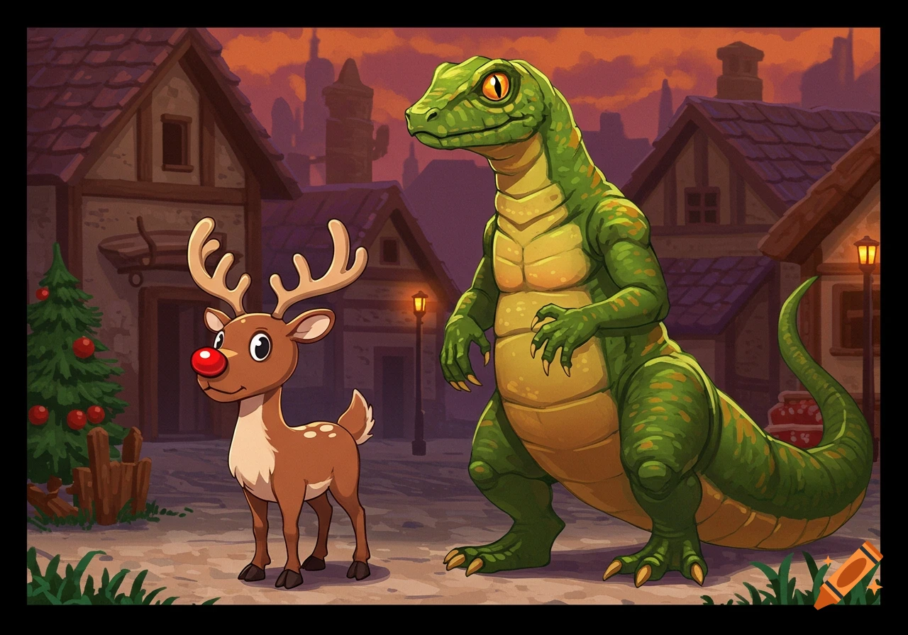 A cartoon reindeer with a red nose stands next to a large green lizard monster in a festive town with buildings at dusk.