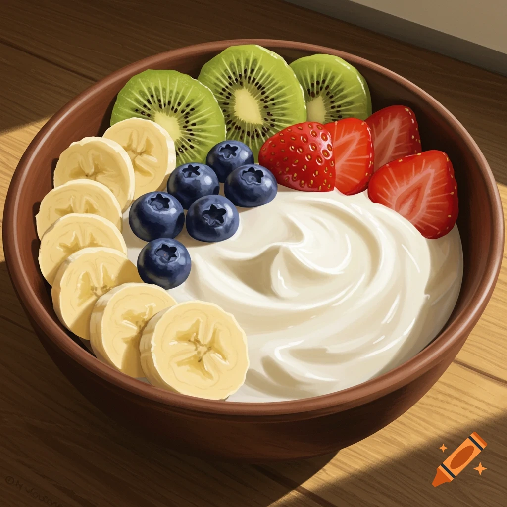 A vibrant illustration of a bowl of yogurt topped with sliced bananas, strawberries, kiwis, and blueberries on a wooden table.