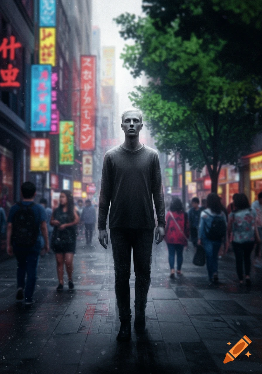 A pale man stands centrally in a bustling, rainy city street lined with neon signs, creating a melancholic atmosphere.