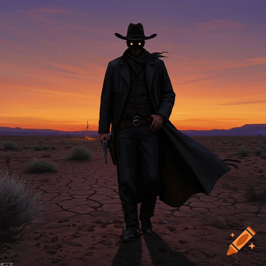 A dark cowboy with glowing yellow eyes in a black hat and duster walks across a cracked desert at sunset, holding a revolver.