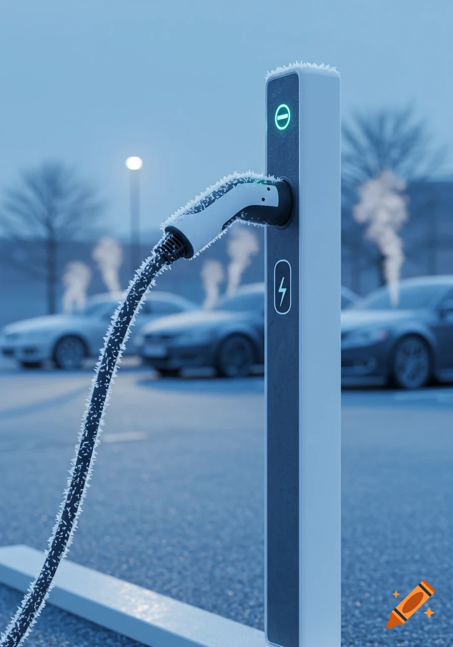 Photorealistic image of a frost-covered electric vehicle charger and cable in a cold, snowy parking lot.