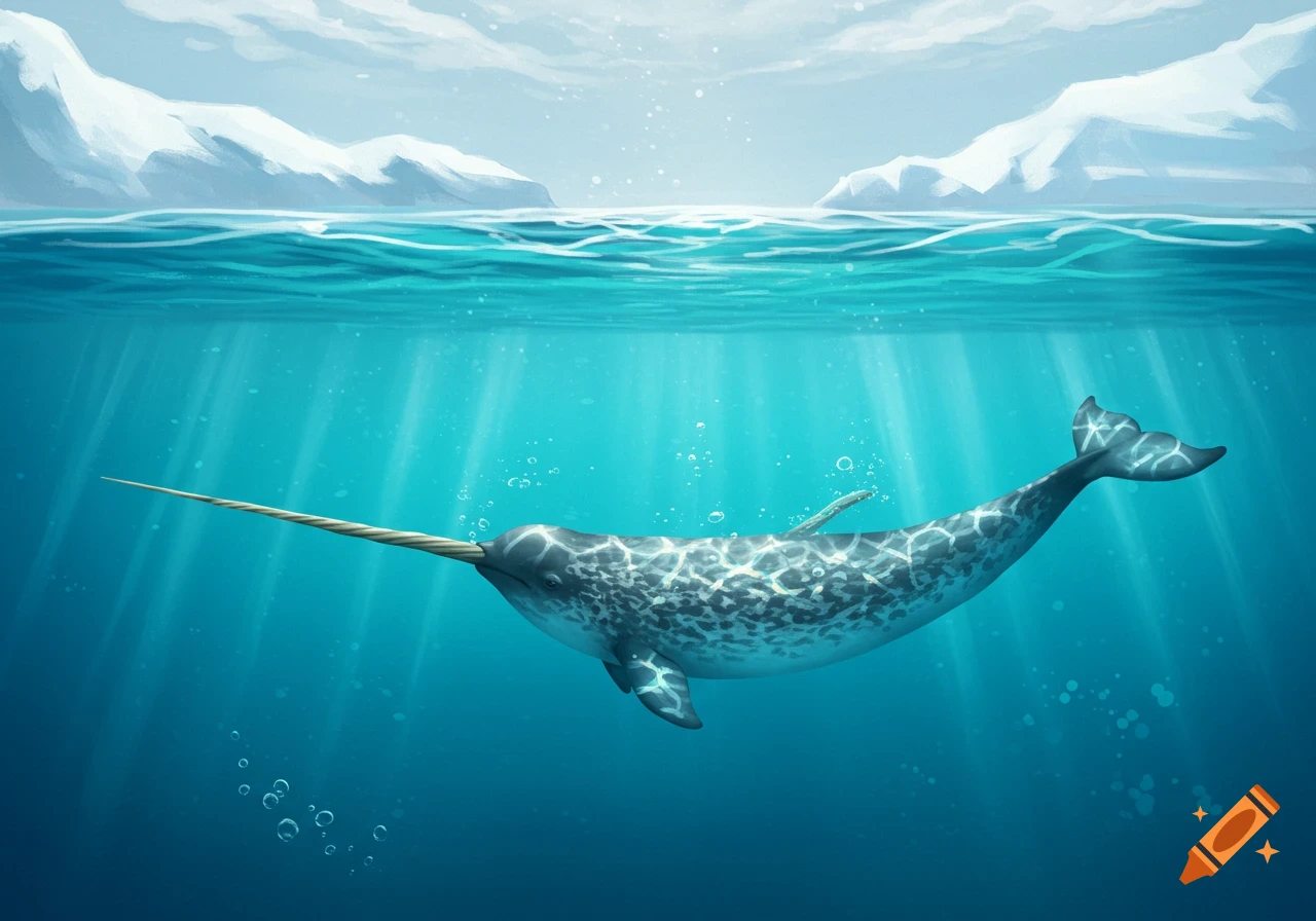 A narwhal with a long tusk swims in clear blue arctic water, with icebergs on the surface and light rays streaming down.