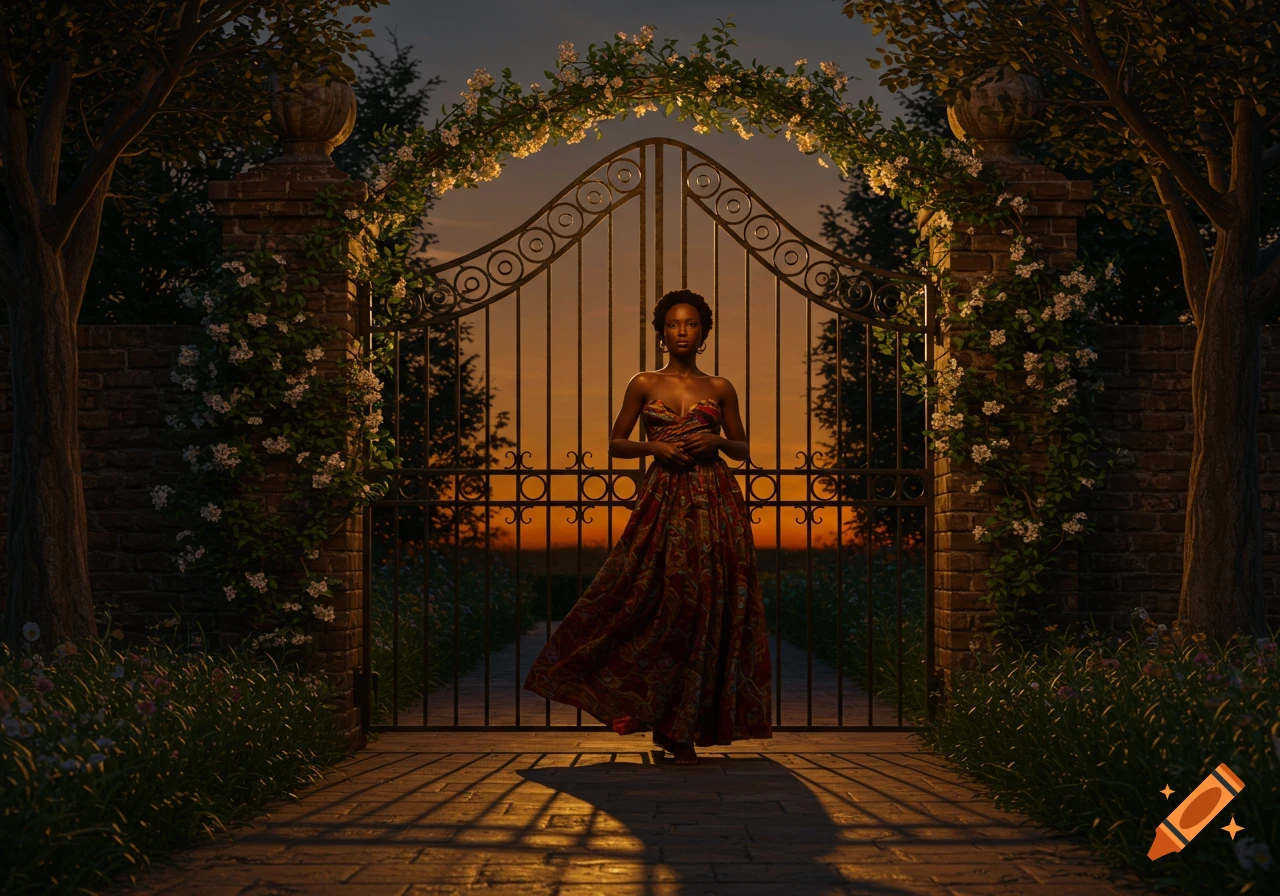 A woman in a flowing patterned dress stands in front of an ornate gate, framed by an arch of white flowers and trees, with a vibrant sunset sky behind her.