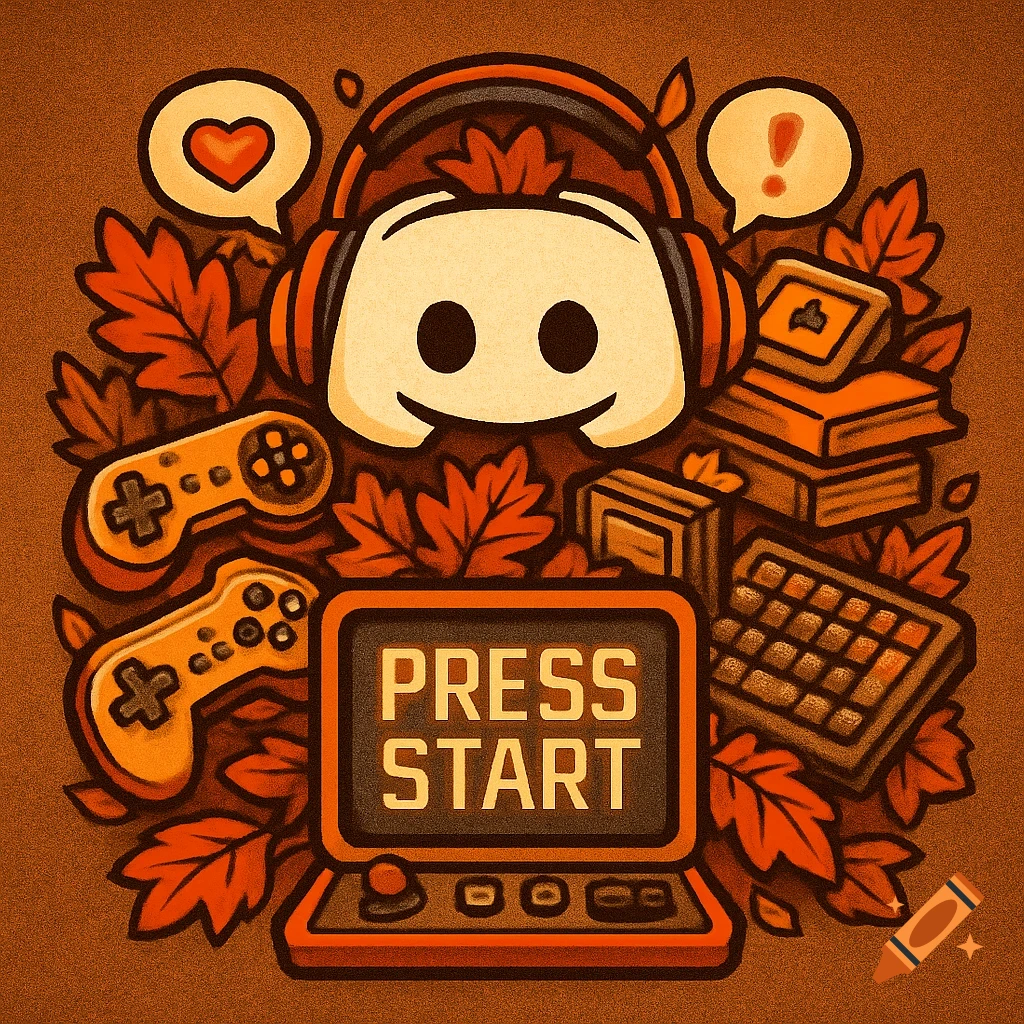 Stylized illustration of a Discord logo wearing headphones, surrounded by autumn leaves, game controllers, books, and a screen reading 'PRESS START'.