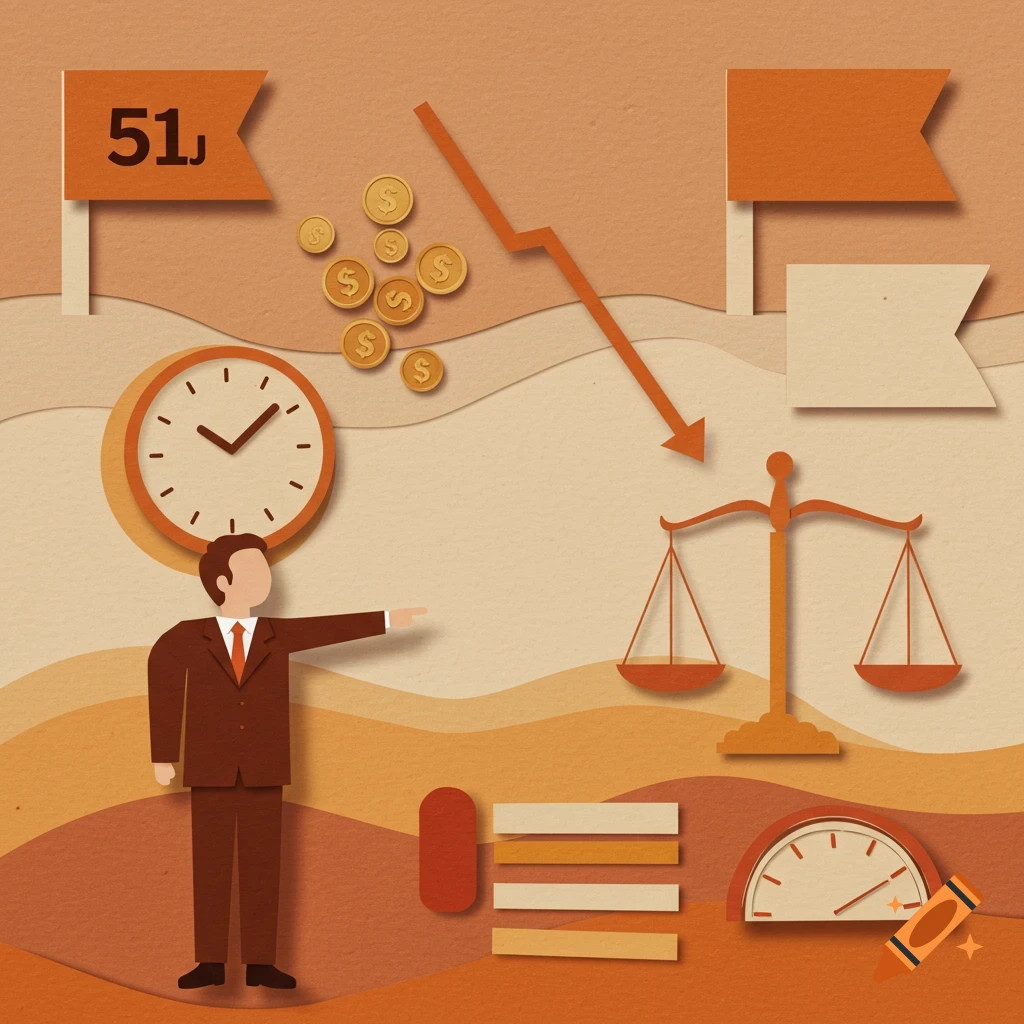 Paper cut-out illustration of a businessman pointing, with flags, coins, a clock, and a scale, representing business and finance concepts.