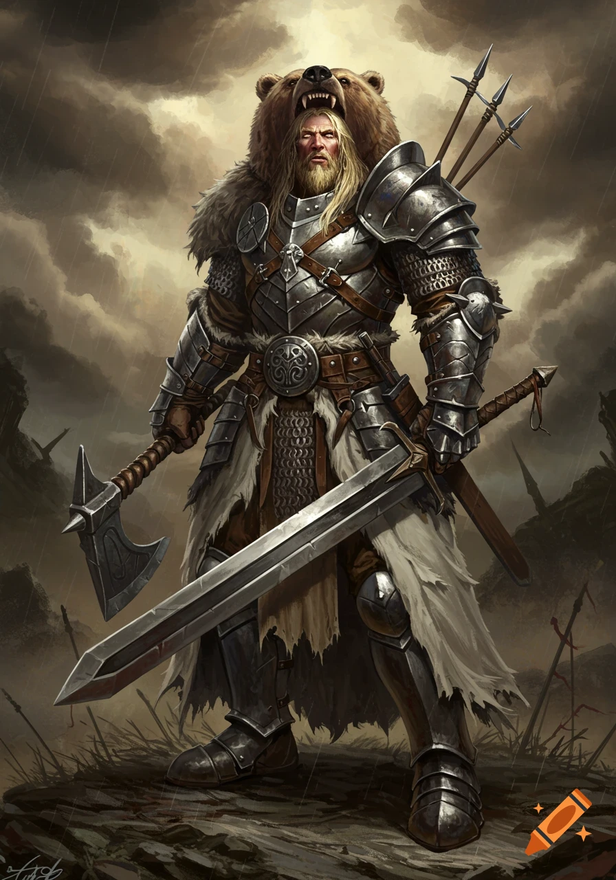 A blonde barbarian warrior in jagged iron armor and a bear pelt with the bear's head as a hood stands with a greatsword and greataxe under a stormy sky.