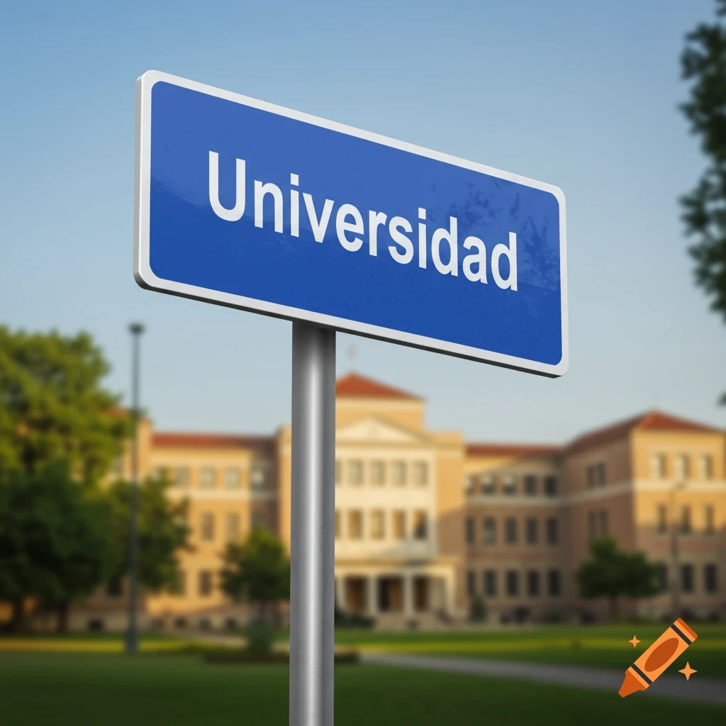 A blue road sign with 'Universidad' in white letters stands in front of a blurred university building and green lawn.