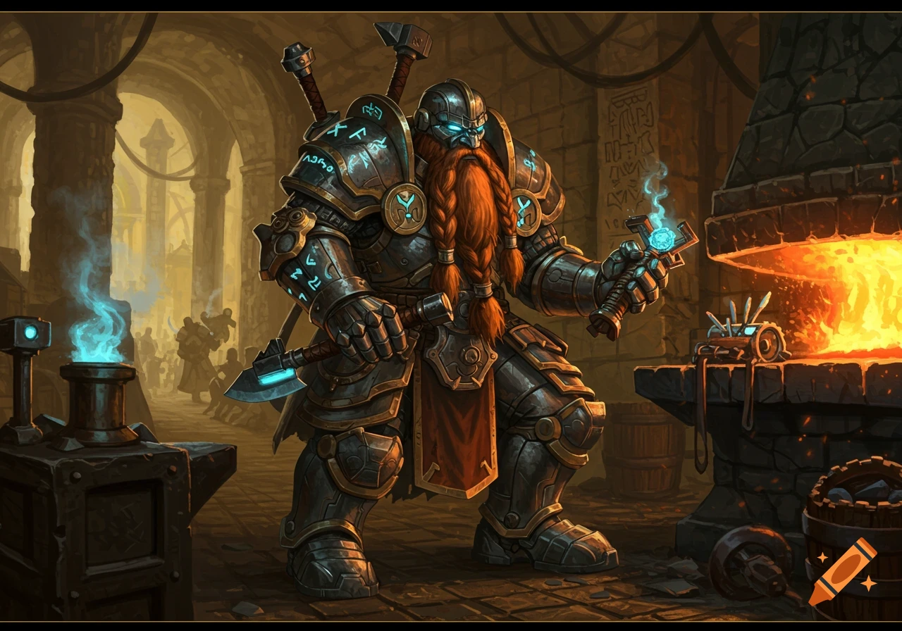 A powerful dwarven artificer in glowing runic armor holds a glowing hammer in a busy blacksmith forge.