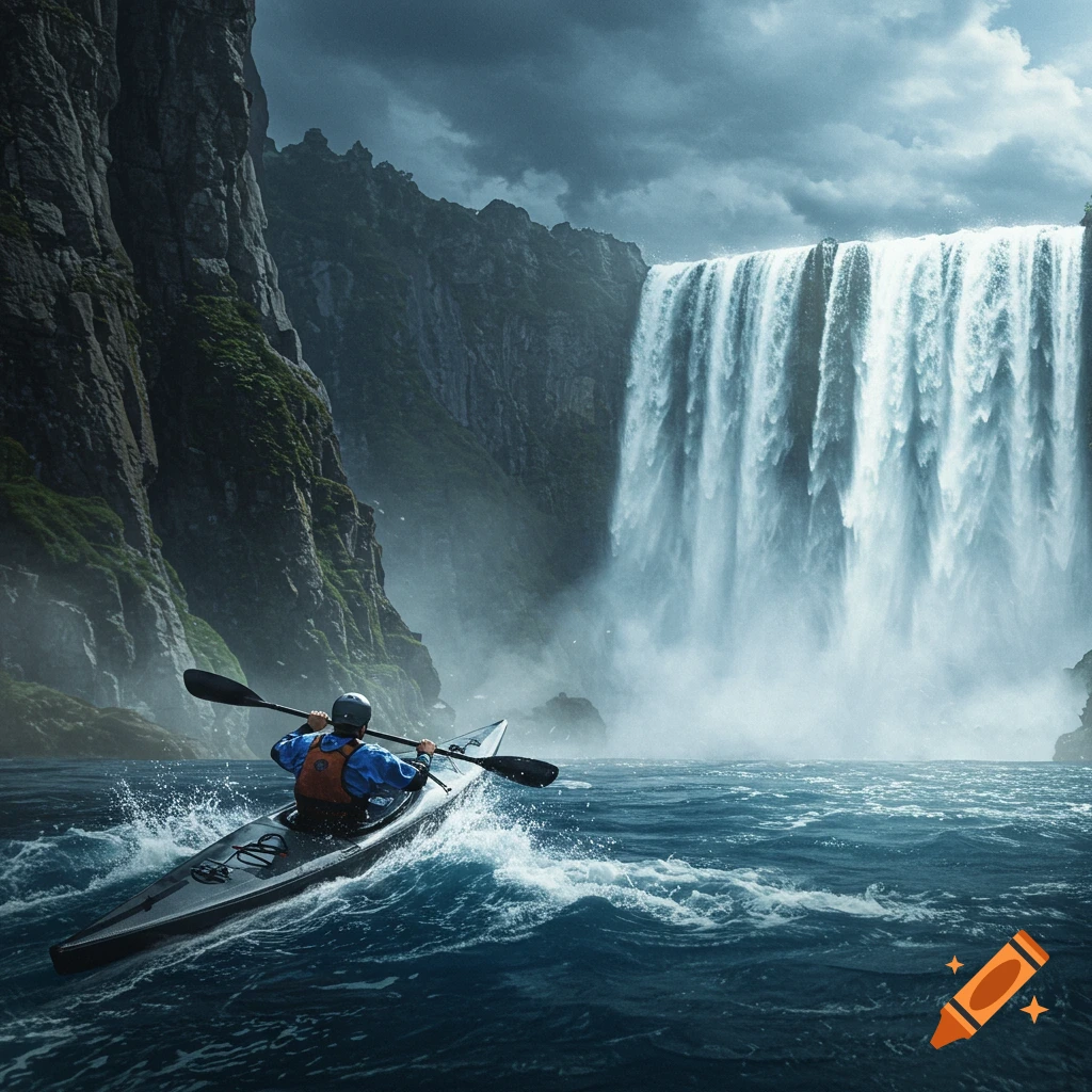 A person in a kayak paddles on choppy water towards a massive waterfall cascading down steep cliffs under a stormy sky.