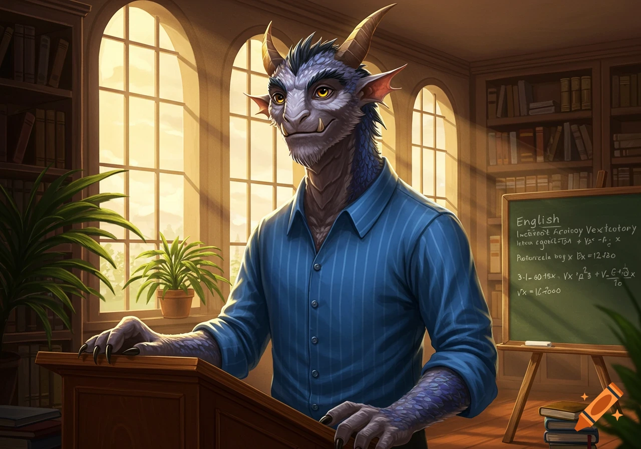 A handsome, blue-scaled reptilian monster with horns and yellow eyes, wearing a blue striped shirt, stands at a wooden podium in a sunlit classroom.