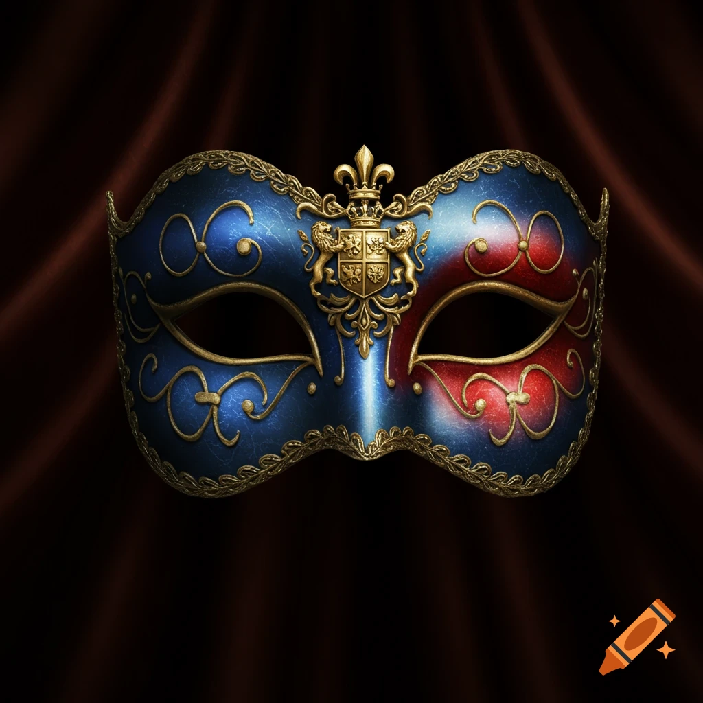 A blue and red masquerade mask with gold embellishments and a central royal crest featuring a crown, fleur-de-lis, and lions.