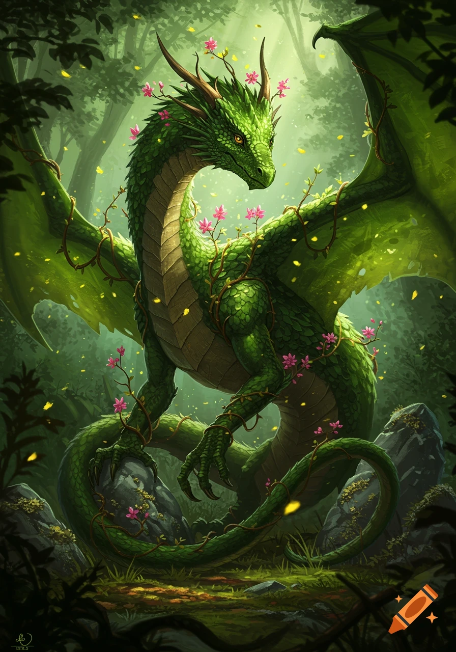 A majestic green dragon covered in green vines and pink flowers stands in a mystical forest with yellow pollen floating around.