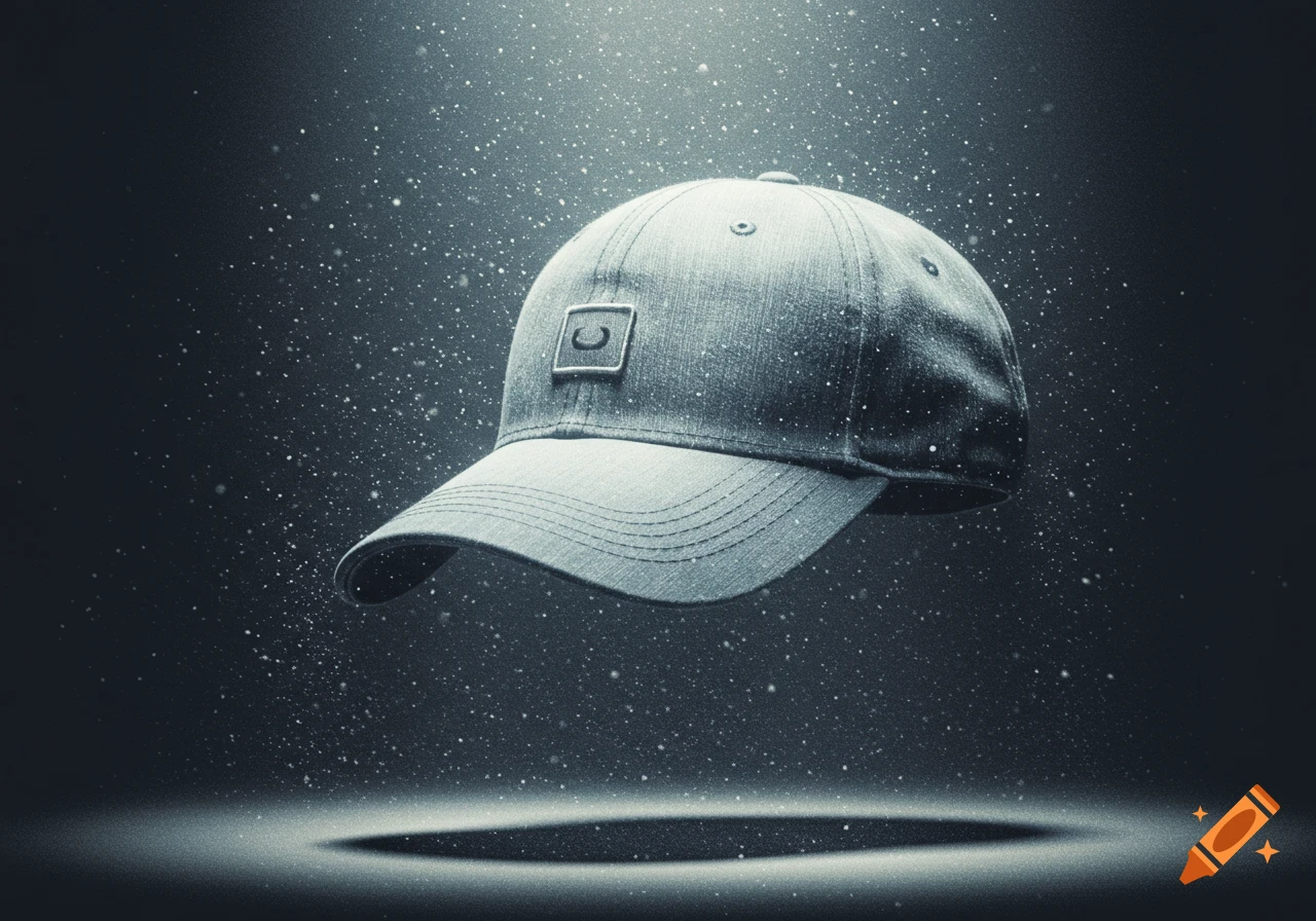 Light-colored baseball cap floats in a spotlight with shimmering dust particles against a dark background.