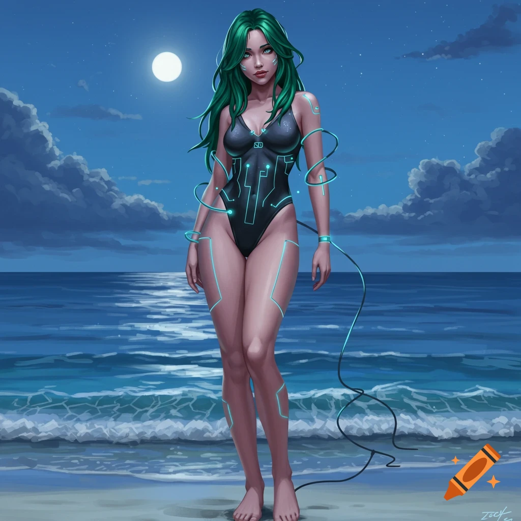 A woman with long green hair and a black swimsuit with glowing blue electronic patterns stands on a moonlit beach.