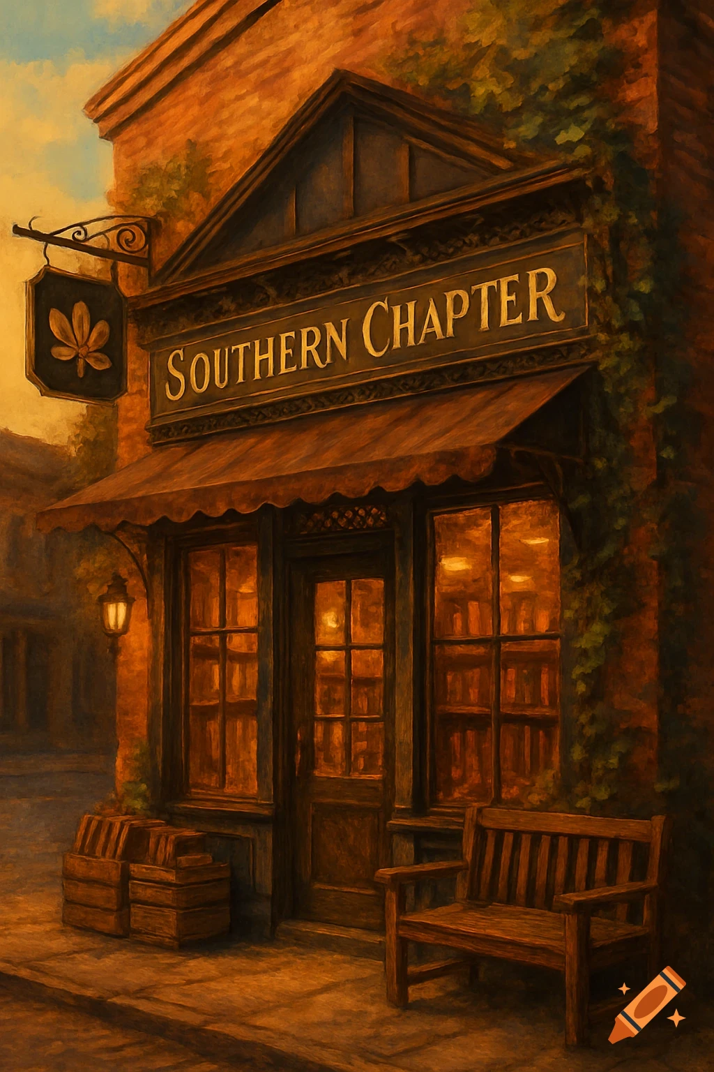 A warm-toned painterly illustration of a vintage-style bookstore called "Southern Chapter," with a bench and crates outside.