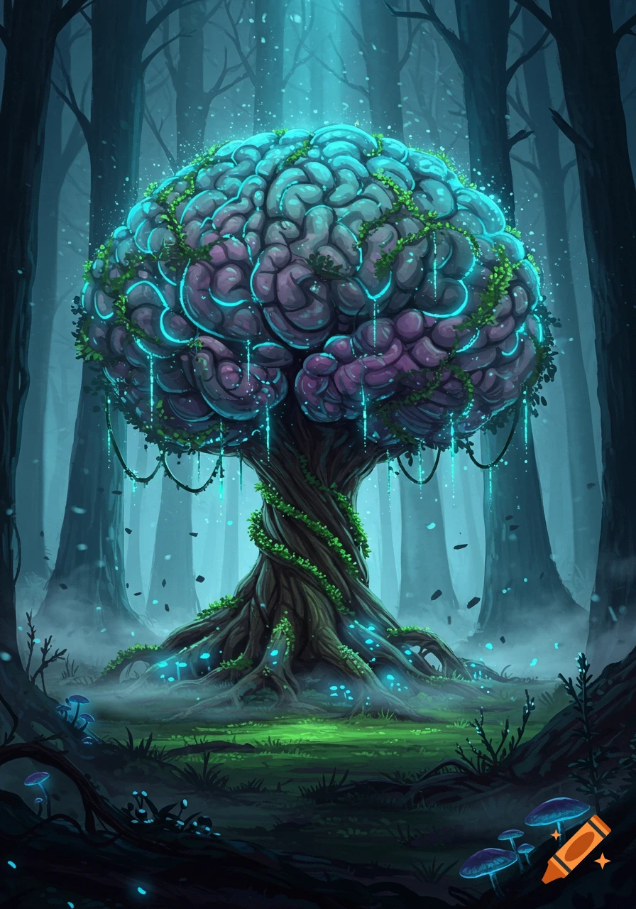A mystical brain-shaped tree glowing with blue light and wrapped in vines, standing in a dark, misty fantasy forest with glowing mushrooms.