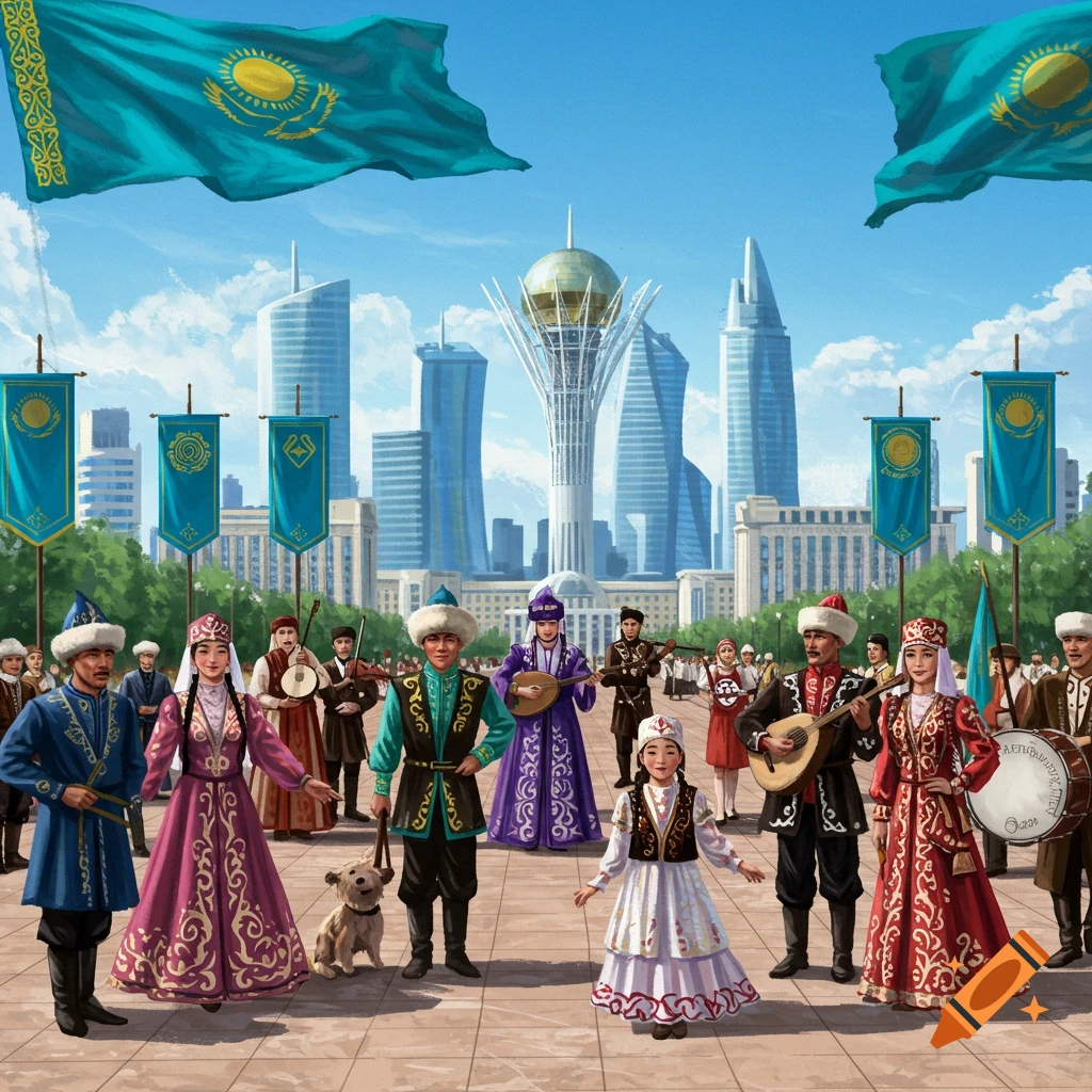 People in traditional Kazakh clothing stand in front of a modern city skyline and flags, some playing musical instruments.