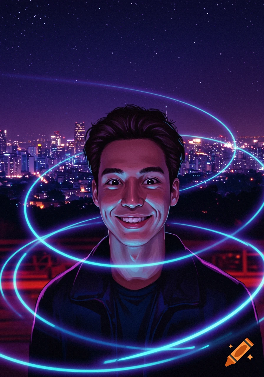 Digital art portrait of a broadly smiling man surrounded by neon blue light trails against a dark, starry city skyline.