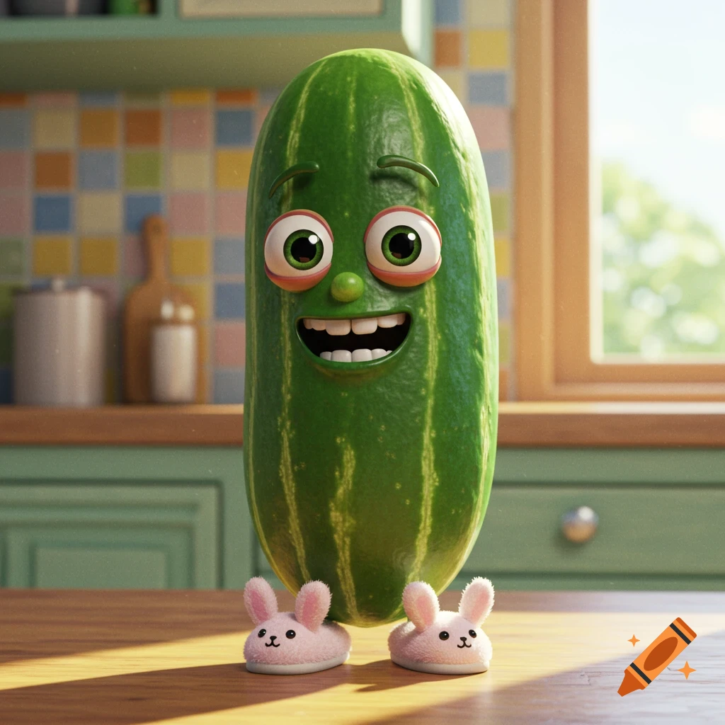 A smiling cartoon cucumber with a face and pink bunny slippers stands on a kitchen counter.