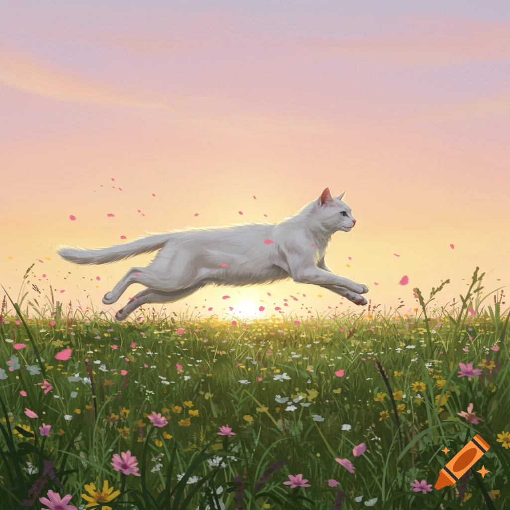 A white cat jumps through a field of colorful wildflowers with pink petals scattering, under a vibrant sunset sky.