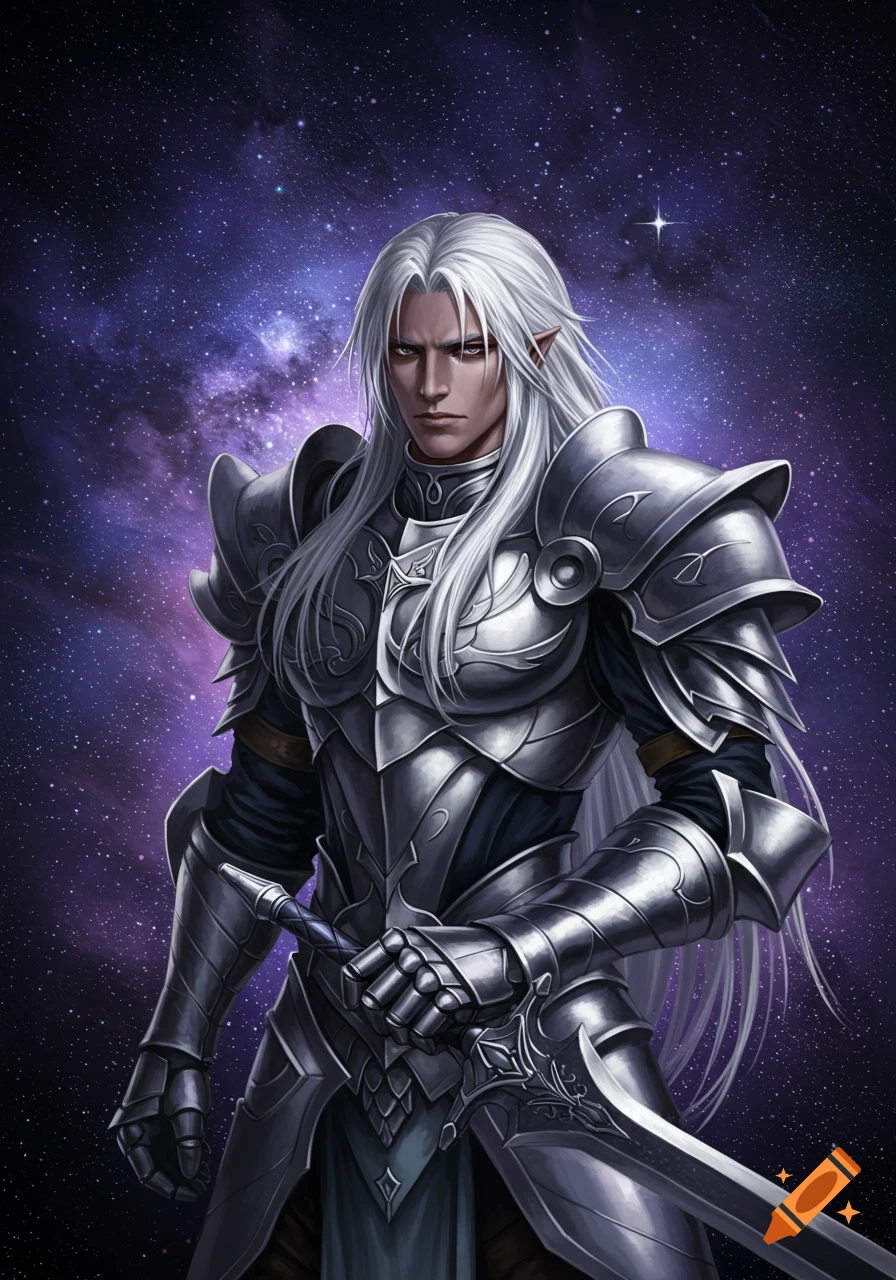 Fantasy illustration of a white-haired male elf warrior in elaborate silver armor, holding a sword, against a starry galaxy.