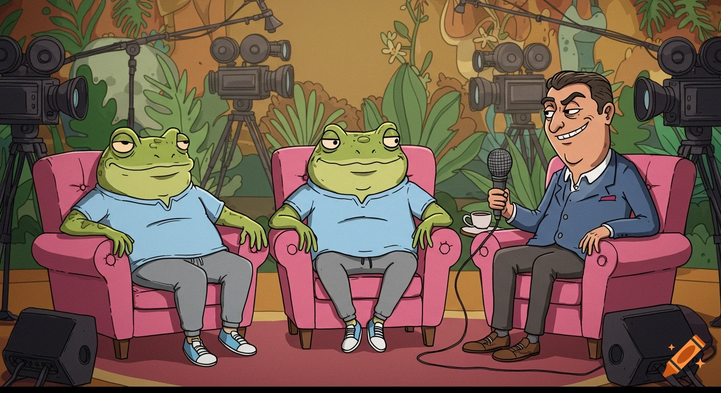 Two smug cartoon toads sit in pink armchairs opposite a male talk show host with a microphone, on a set with cameras and tropical plants.
