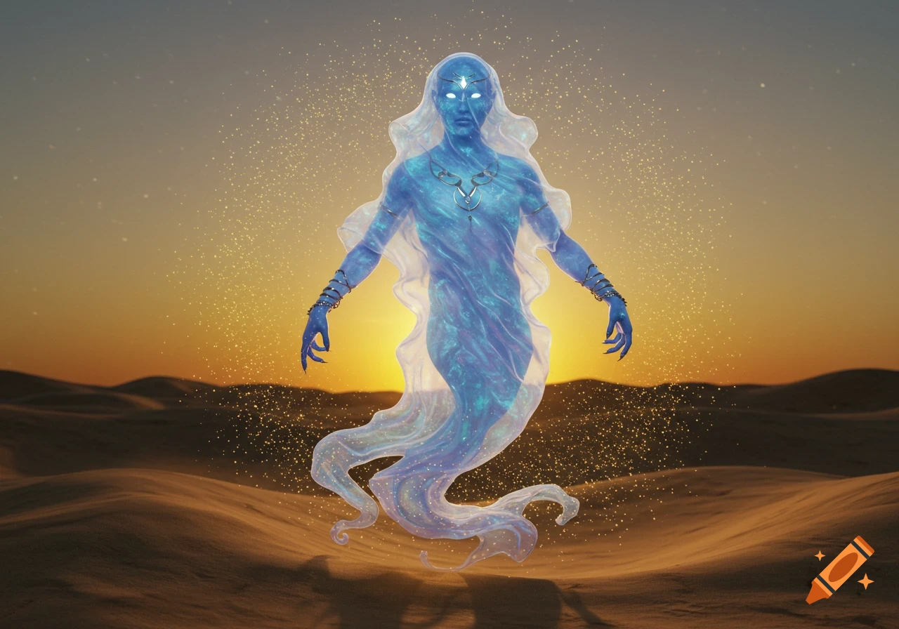 An indigo spectral djinn floats over desert dunes at sunset, glowing with mystical energy.